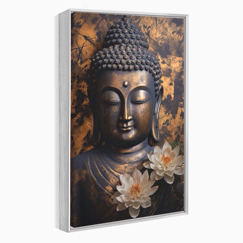 Tablou canvas cu tablou canvas cu buddha si flori de lotus, in rama de aluminiu argintiu